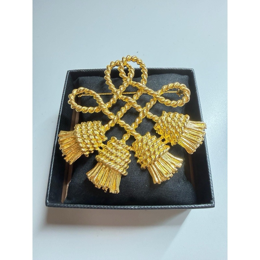 Vintage Gold Knotted Rope Tassel Brooch Pin Celtic Statement Chunky 1980s